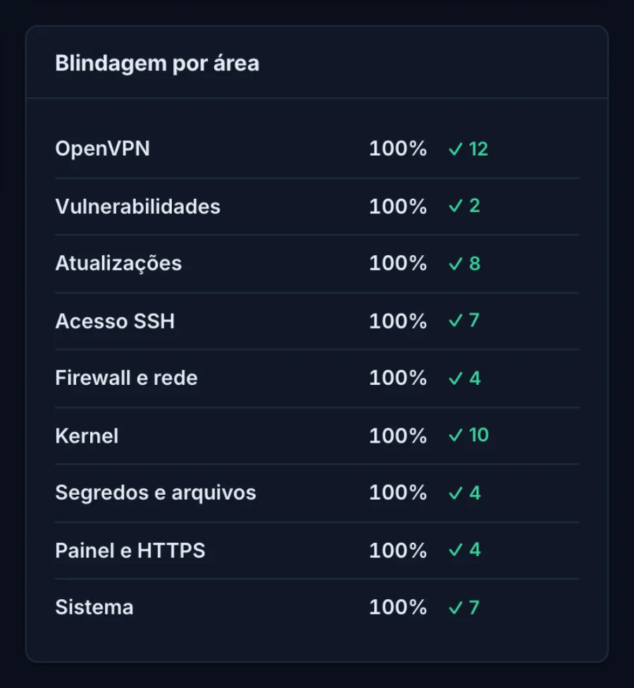 Blindagem por área: OpenVPN, vulnerabilidades, atualizações, SSH, firewall, kernel, segredos, HTTPS e sistema