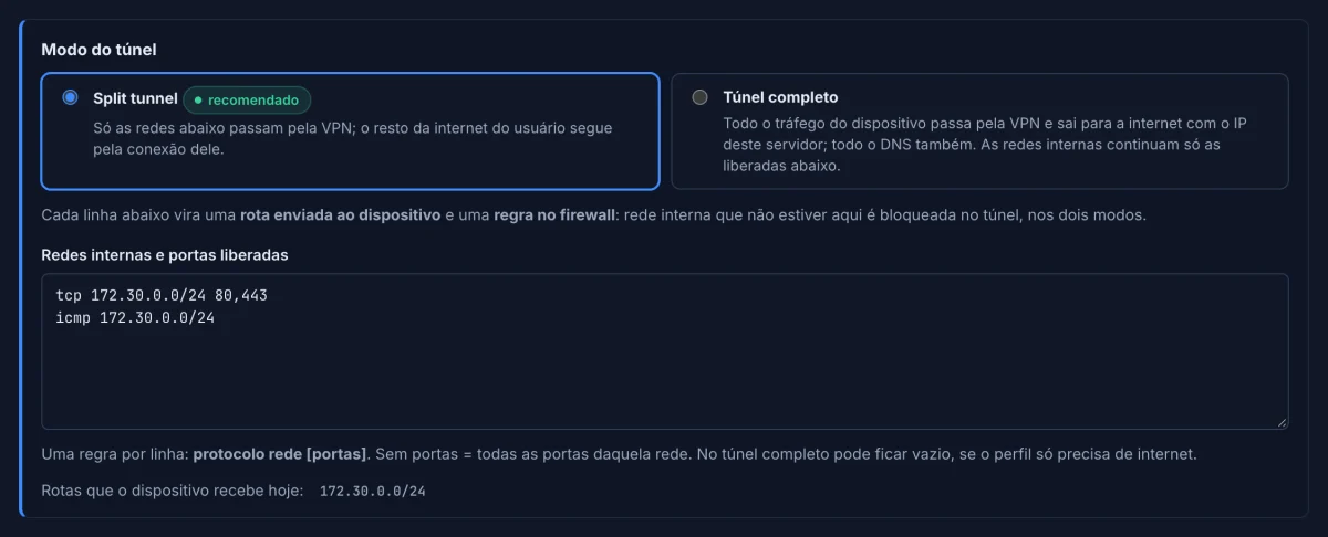 Modo do túnel por perfil: split tunnel ou túnel completo