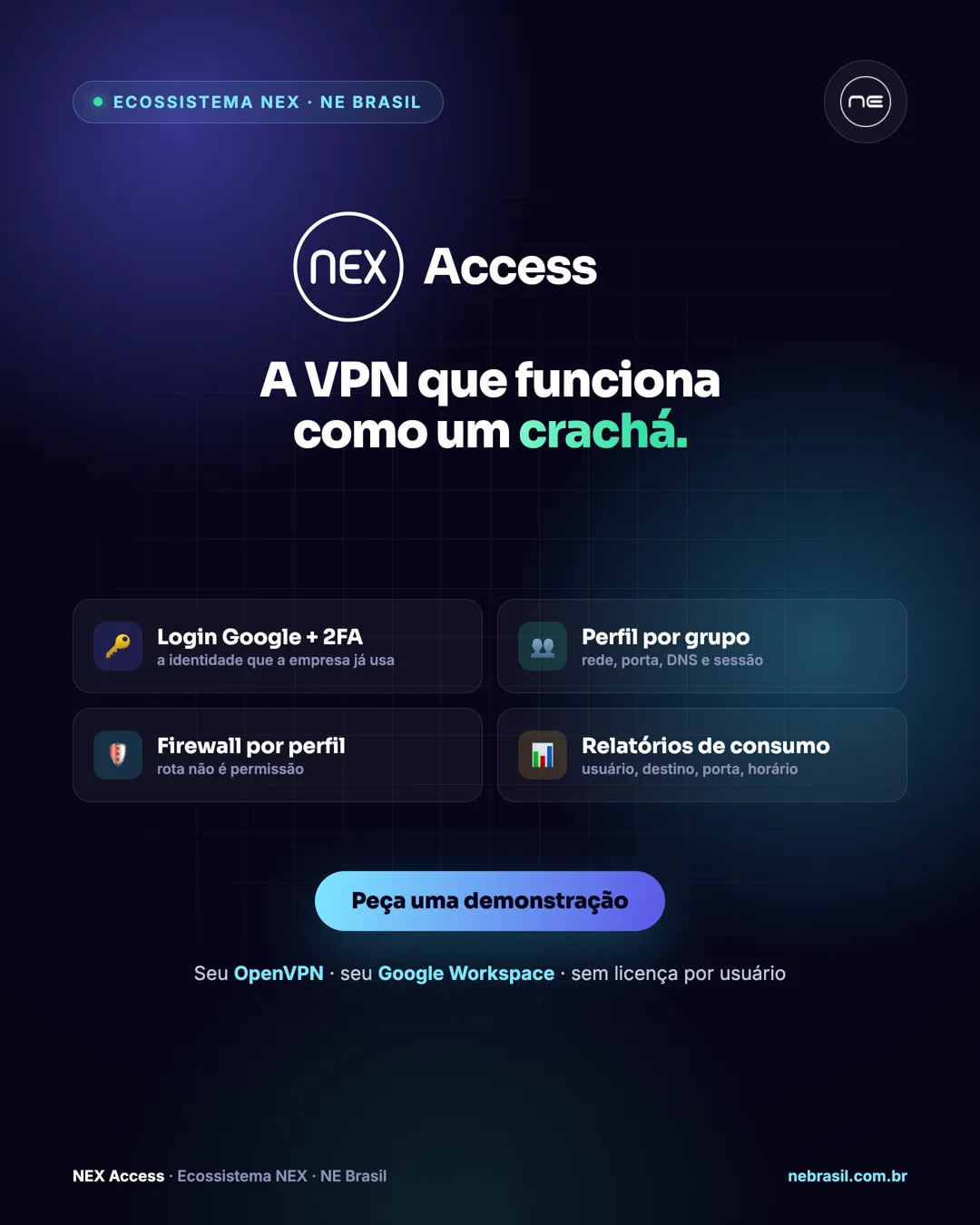 NEX Access: login Google, perfil por grupo, firewall por perfil e relatórios