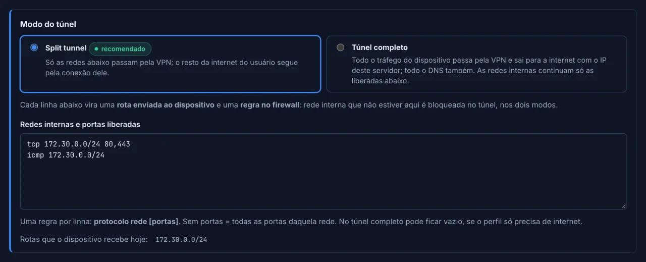 Modo do túnel por perfil: split tunnel ou túnel completo